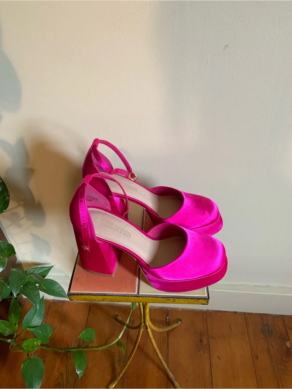 Dream Pairs Hot Pink Satin Platform Block Heel Slingback Pumps